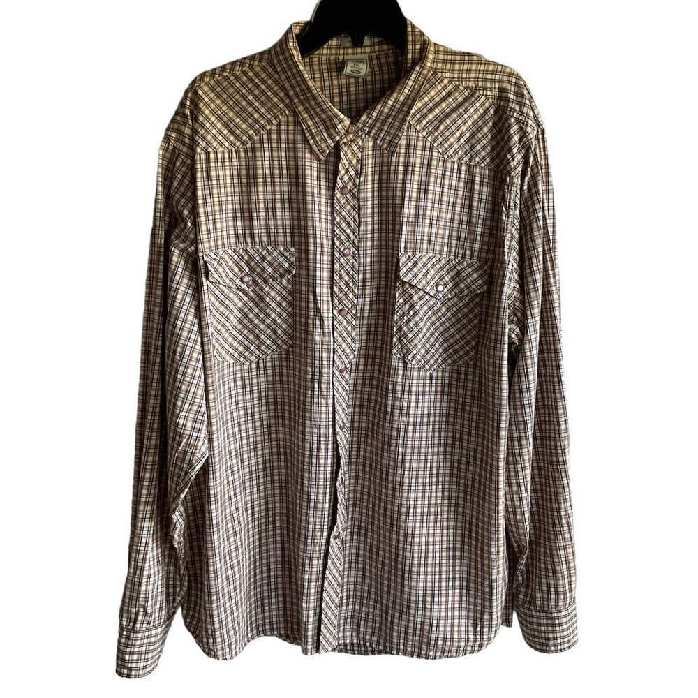 Old Navy Vintage Fit Shirt Collar Plaid Tan Blue Red Brown Snap Front Men XXL